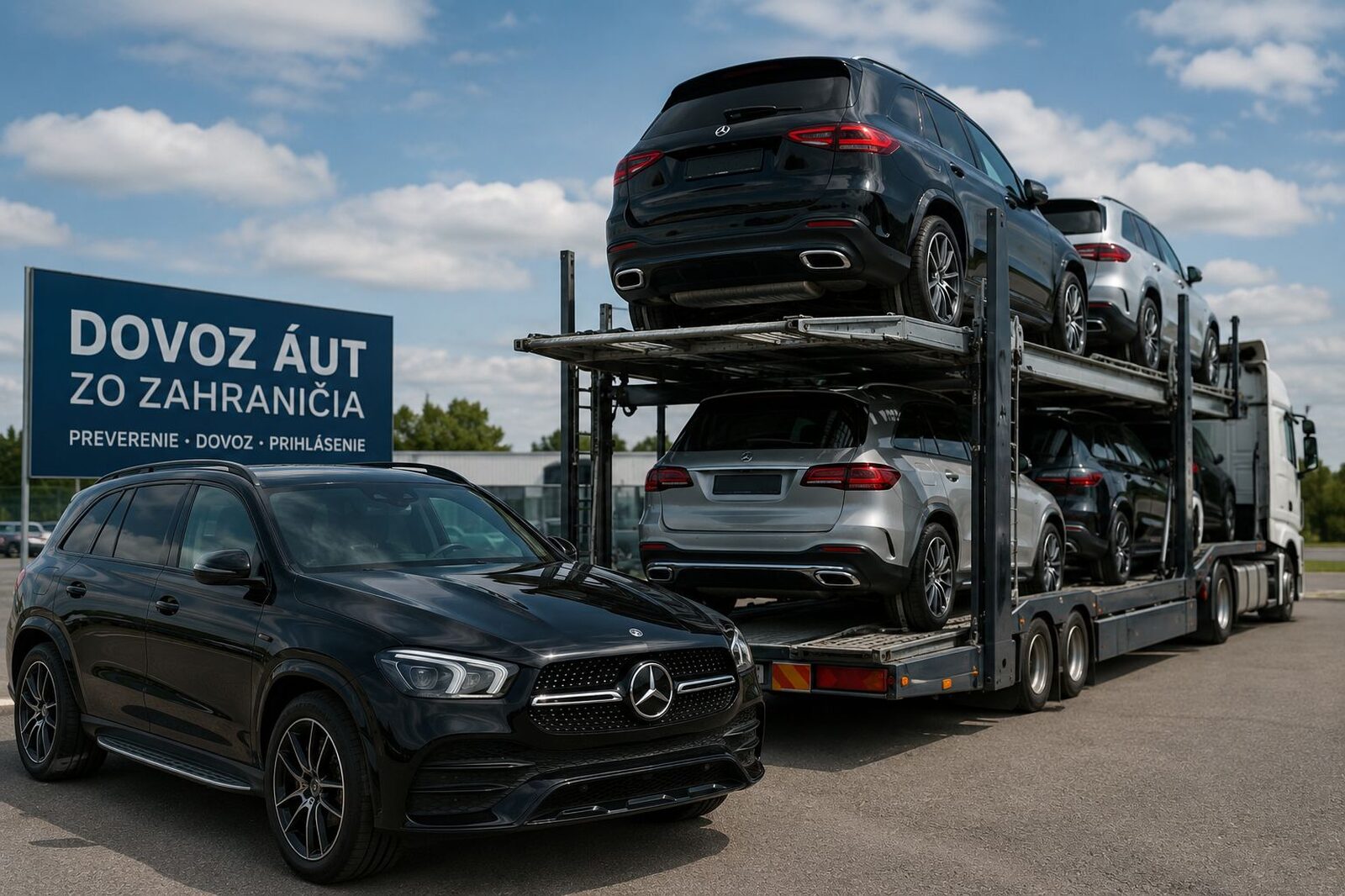 Mercedes-Benz pripravený na prepravu zo zahraničia na odťahovom vozidle.